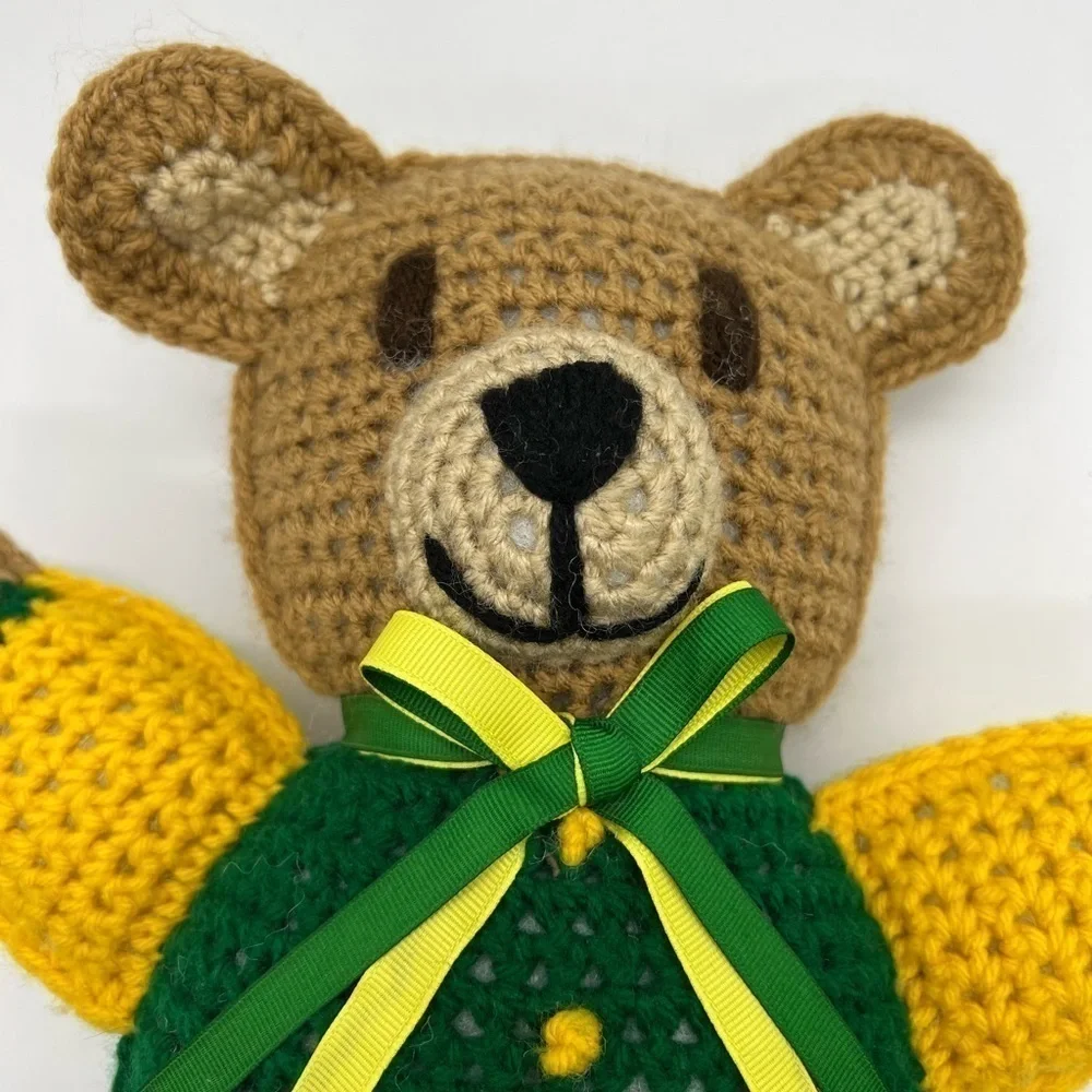 ADORABLE CROCHETED TEDDY BEAR I. GREEN AND BRIGHT YELLOW